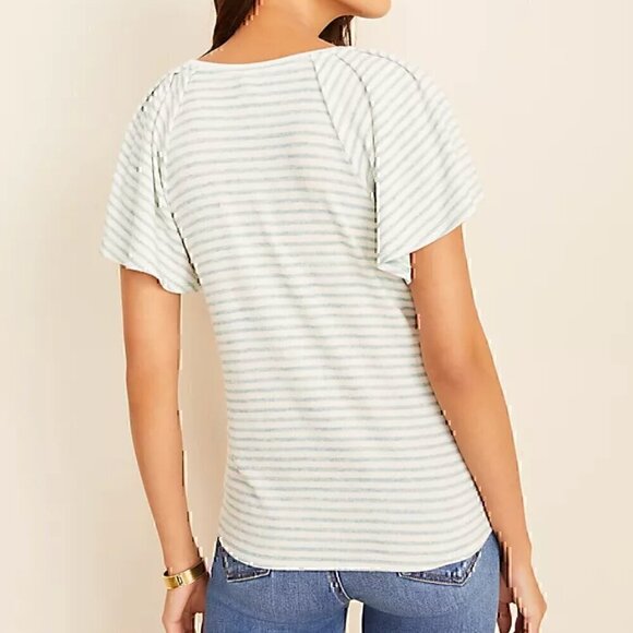 NEW NWT ANN TAYLOR Stripe Flutter Sleeve Tee White Aqua Blue Short Sleeve Knit S - Picture 3 of 12